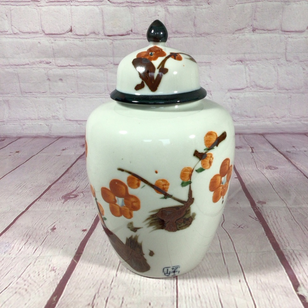 Vintage Japanese Lidded Ginger Jar Urn Hand Painted Tree Blossom Design